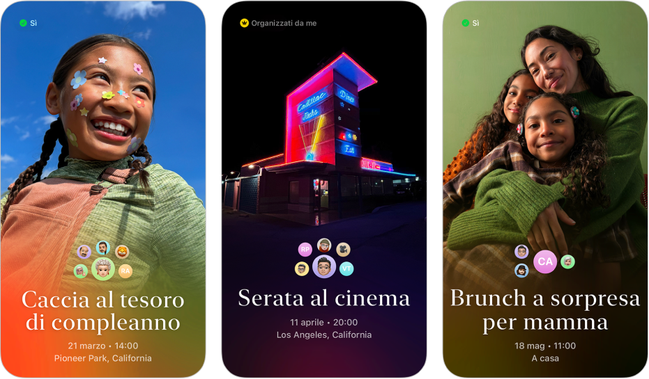 Tre inviti dell’app Inviti di Apple. Ogni invito ha una foto di sfondo, un nome, una data, un orario e una posizione.